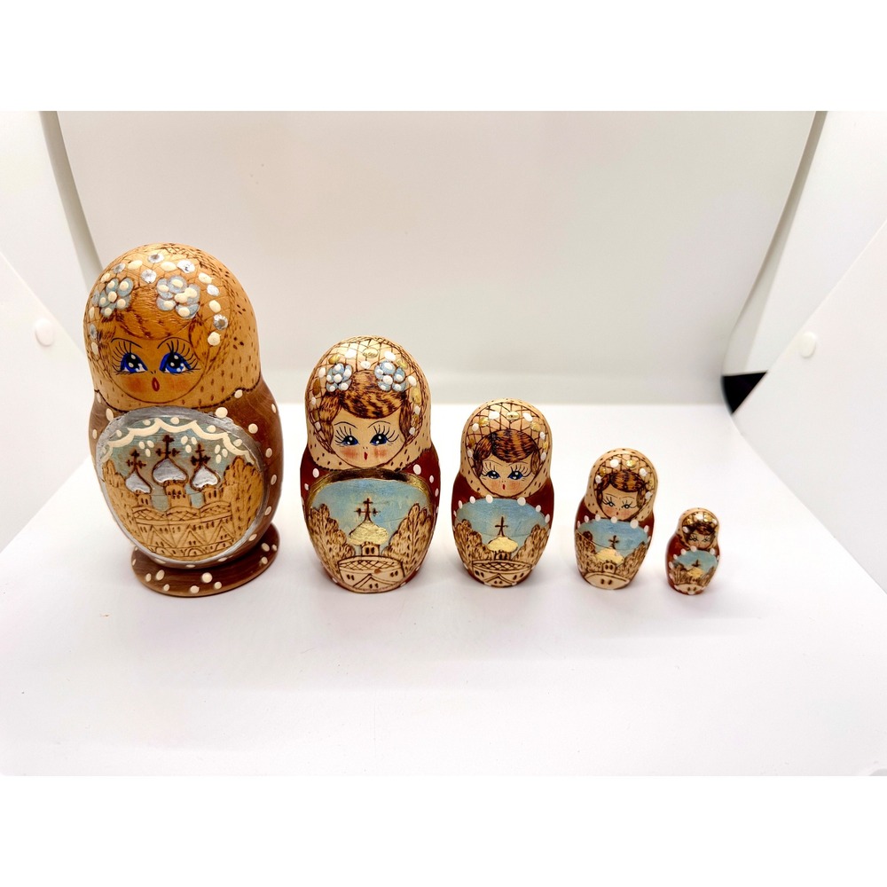 Vintage Russian Matryoshka Nesting Dolls 5pc Wood Burned Hand Painted Signed 6in